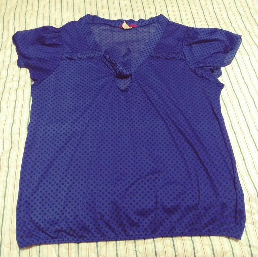 Blue and black polka dot blouse.